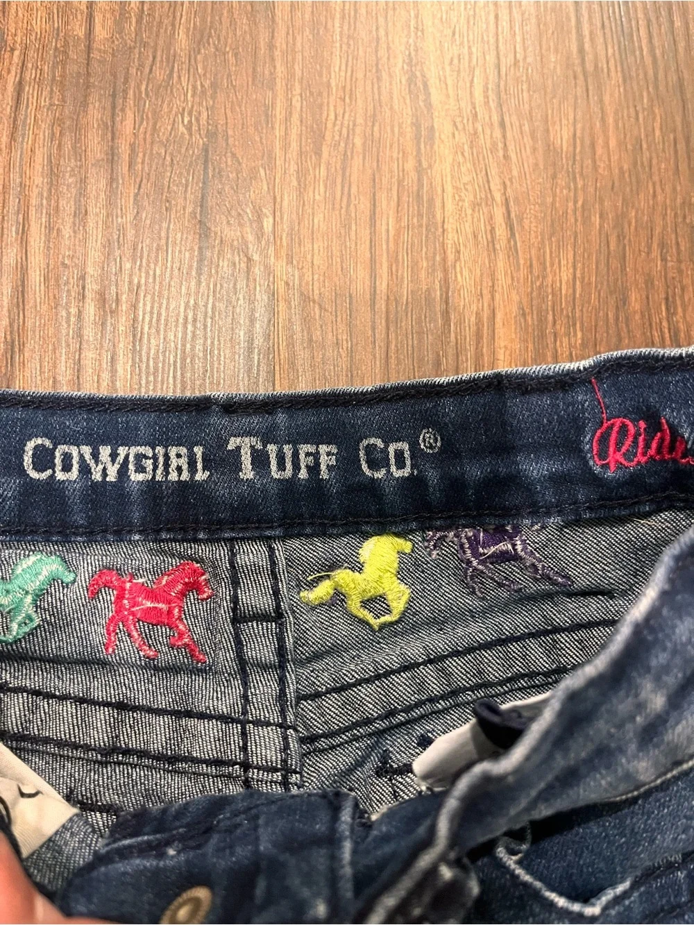 Cowgirl Tuff Dark Blue Flared Jeans with Multicolor Embroidered Horses Girls 8
